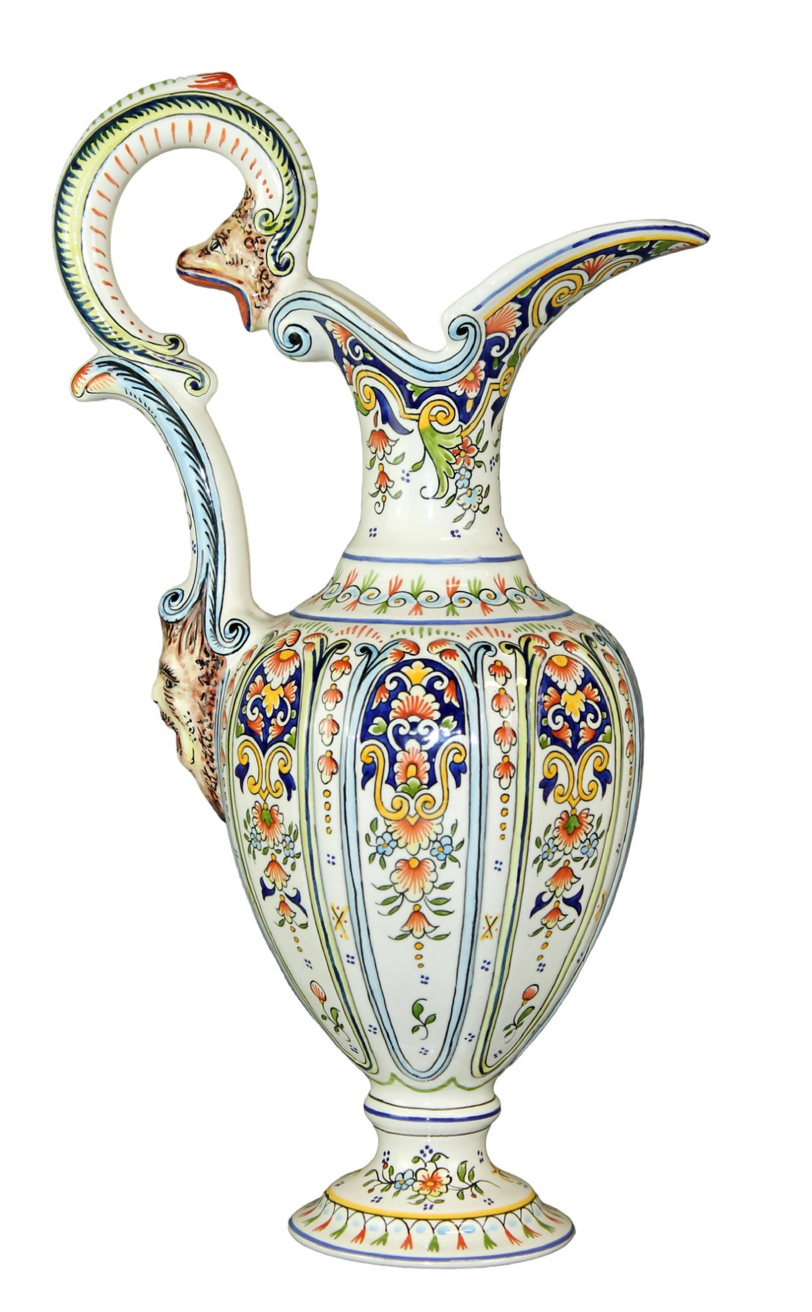 French Faience Rouen hand painted blue and cream ewer: French Faience Rouen hand painted blue and cream ewer. 17"h x 10"w x 6"d. Weight: 3 lbs.