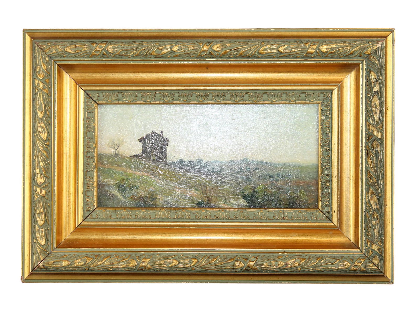 French petite oil on board landscape painting with cottage (1 of 10)