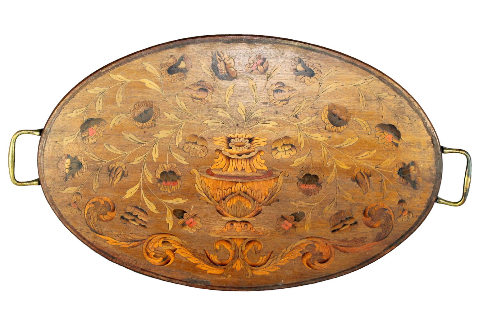 English oval mahogany tray with marquetry and brass handles (1 of 5)