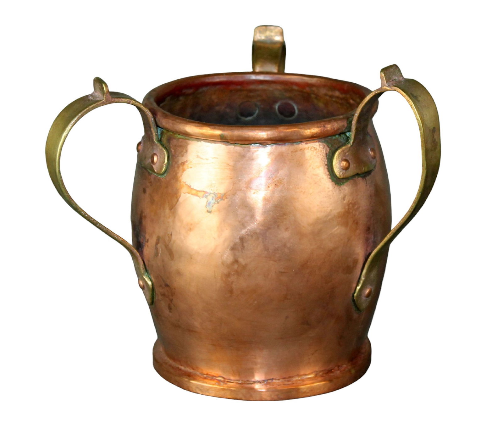 Antique copper tyg with 3 bronze handles: Antique copper tyg with 3 bronze handles. 7 3/4"h x 9 1/2"w x 8"d. Weight: 1 lb.