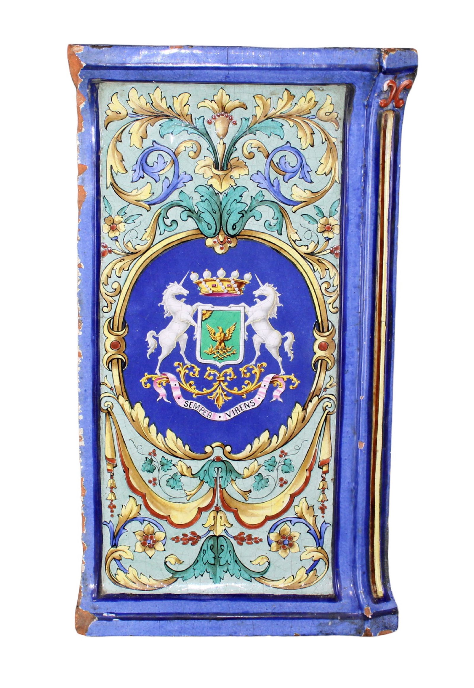 Italian glazed terra cotta fragment with unicorn crest (1 of 8)