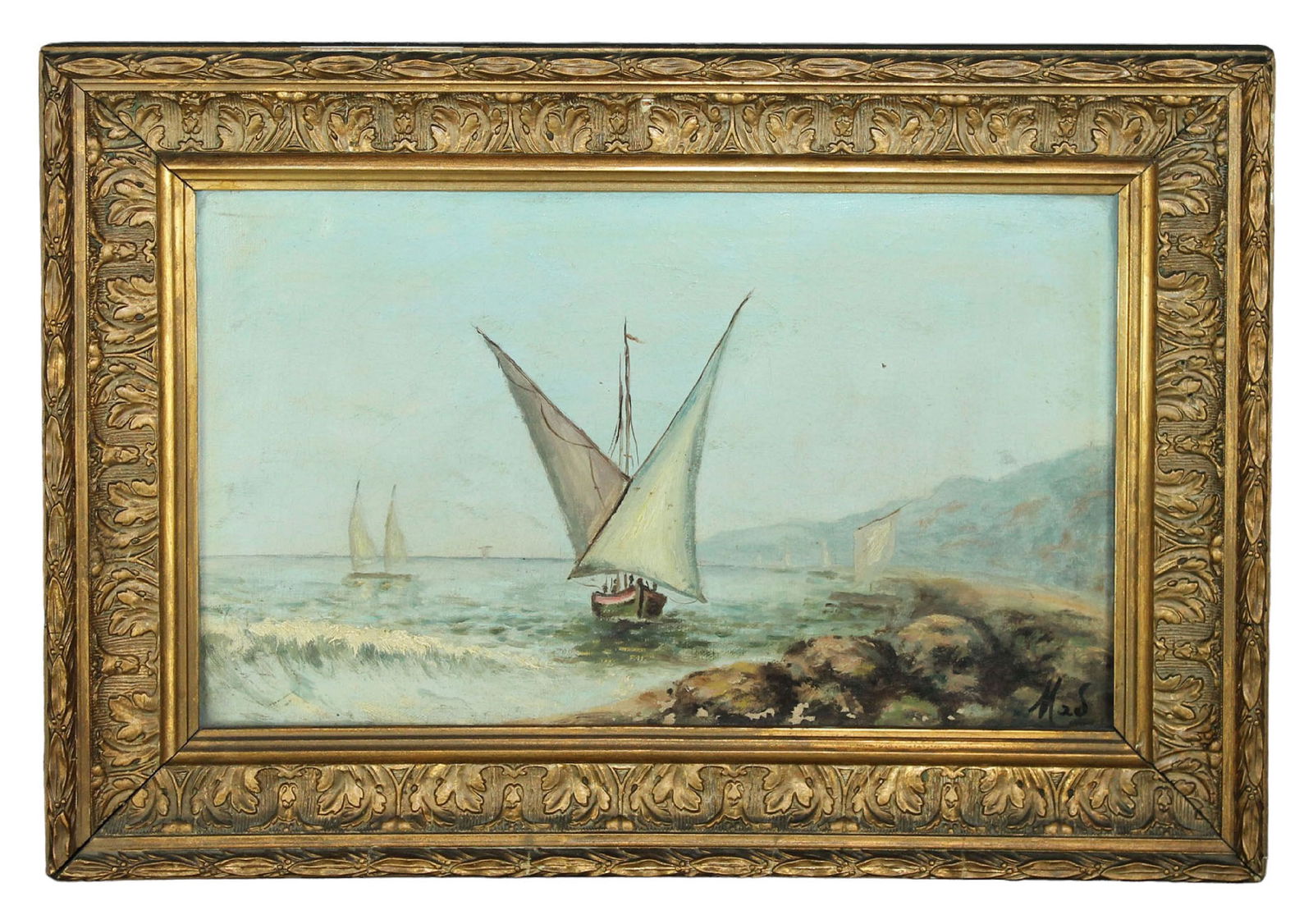 French oil on canvas painting seascape with sailbotas (1 of 14)