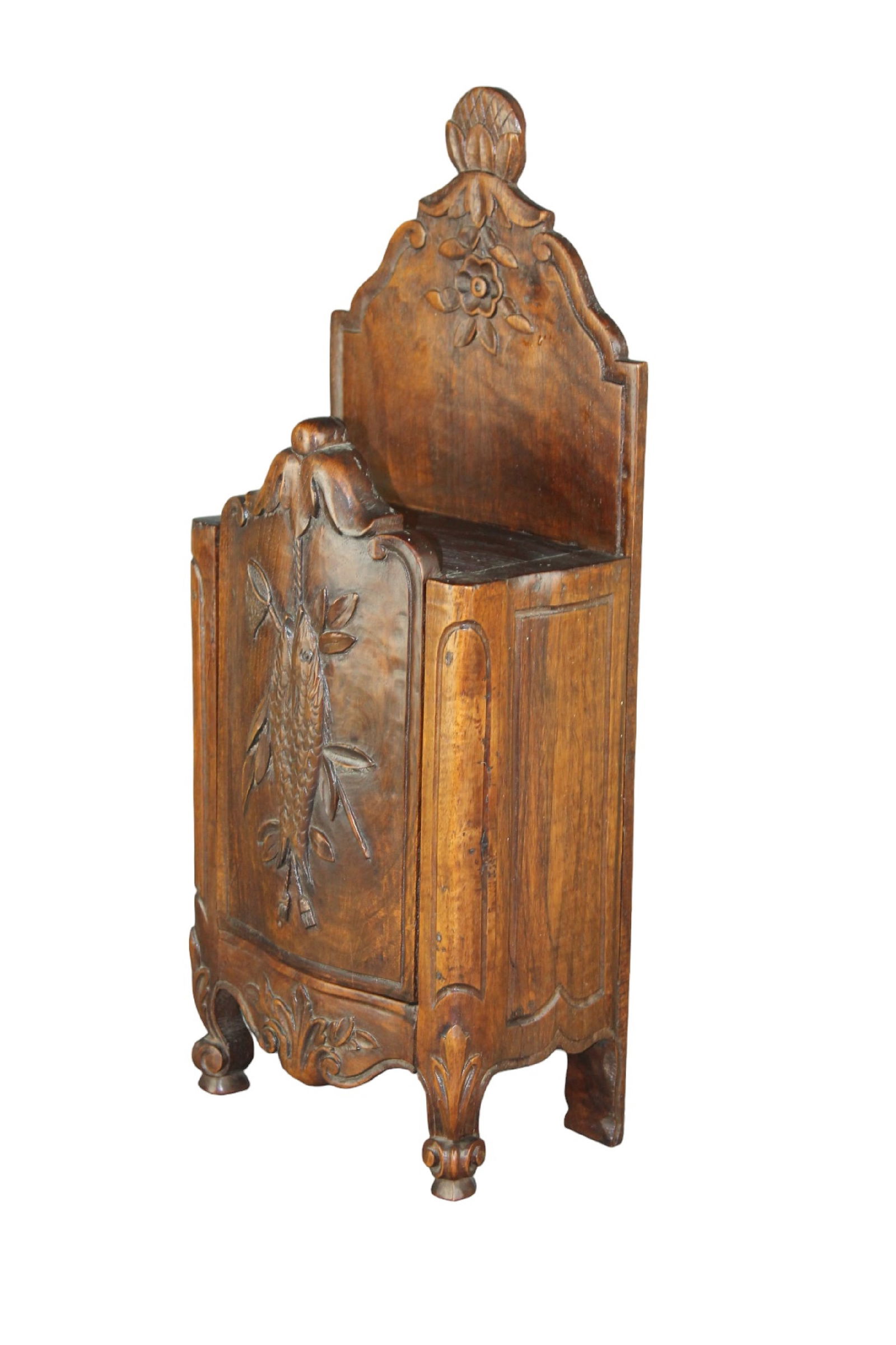 French Provincial fariniere (flour box) in walnut with carved fish (1 of 9)