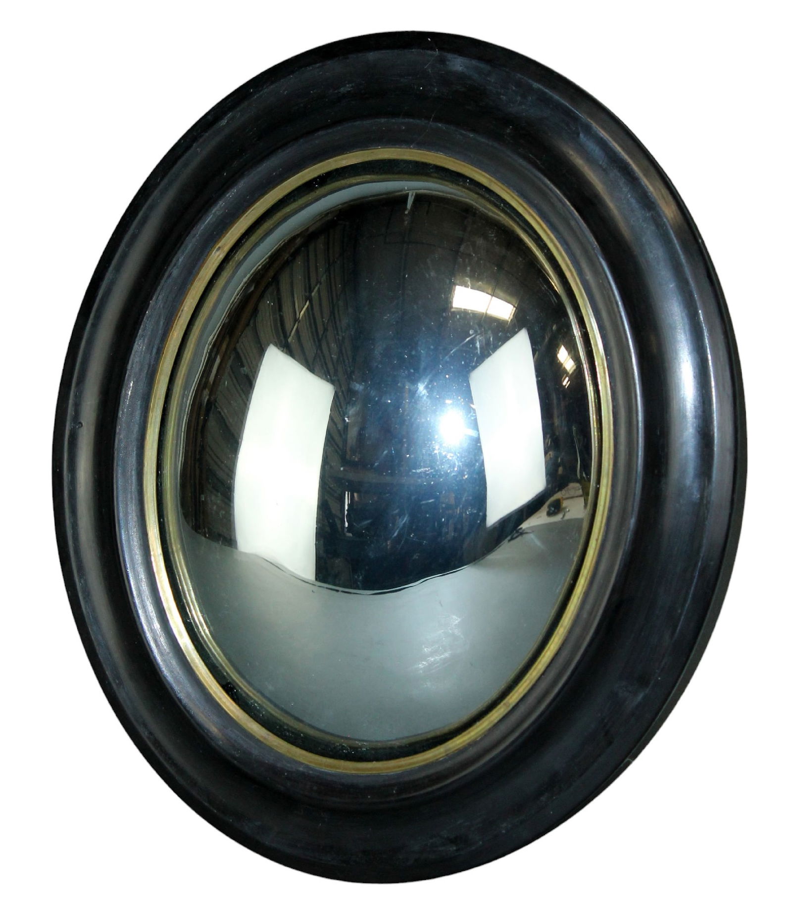 French Napoleon III oval mirror with convex glass: French Napoleon III oval mirror with convex glass. Circa 1900. Re-papered on back. 14 1 /4"h x 11 7/8"w. Weight: 1 lb.