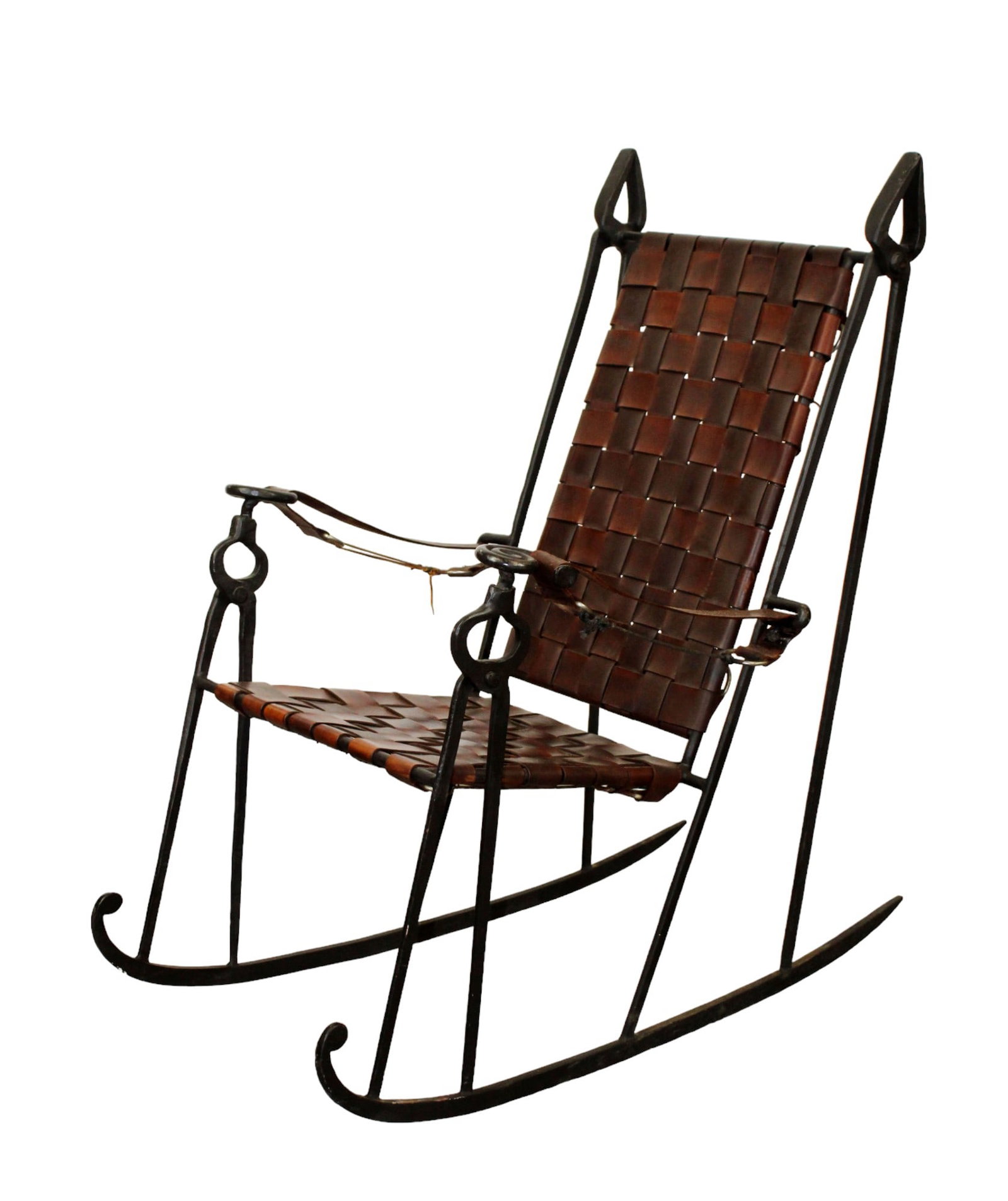 Forged iron and woven leather rocking chair: Forged iron and woven leather rocking chair. 42 1/2"h x 27"w x 41"d Seat 17"h