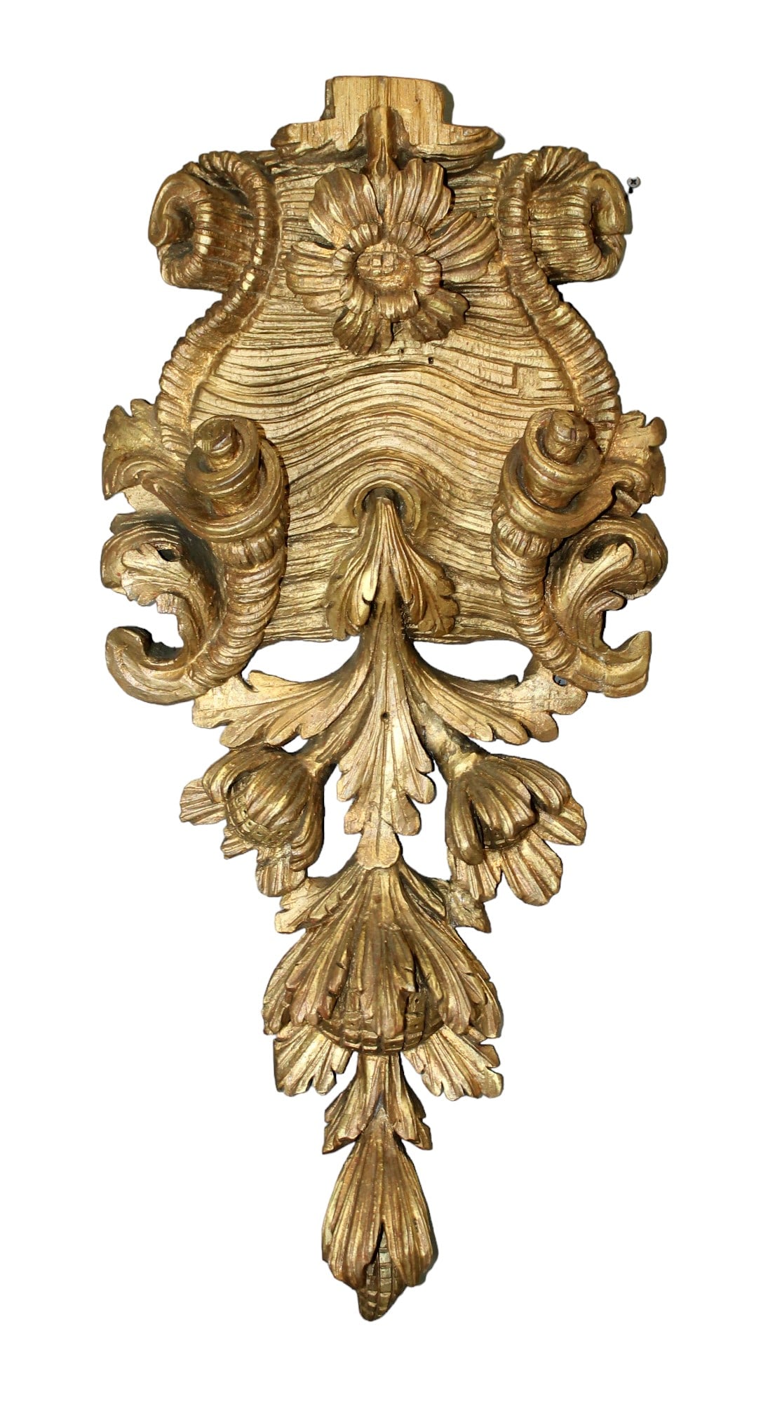 Italian carved giltwood fragment with acanthus leaves and flowers: Italian carved giltwood fragment crest with acanthus leaves and flowers. 19th century. 37"h x 17 1/2"w. Weight: 12lbs.