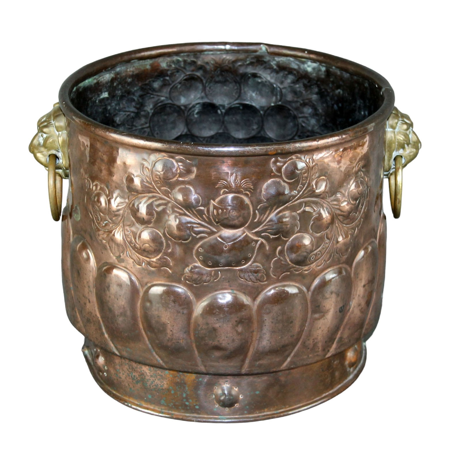 Embossed brass cache pot with brass lion head rings (1 of 8)
