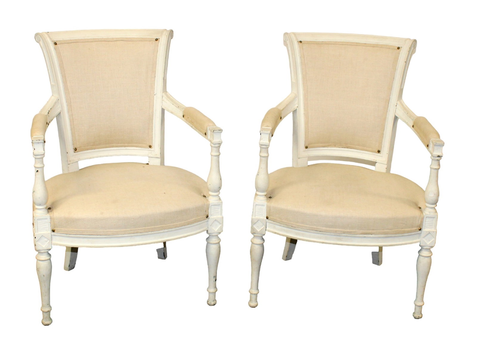 Pair of French Louis XVI style arm chairs: Pair of French Louis XVI style arm chairs. Painted finish. Mid 20th century. 33"h x 22 1/4"w x 18"d Seat 16"h