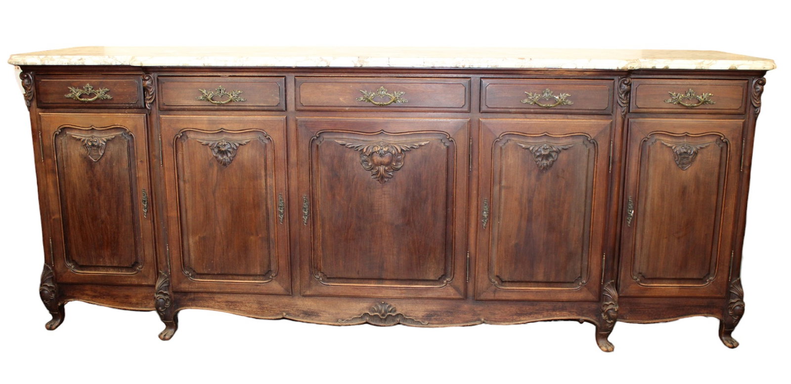 French Louis XV style enfilade in walnut with marble top: French Louis XV style enfilade in walnut with marble top. 39 3/4"h x 99 3/4"w x 26"d.