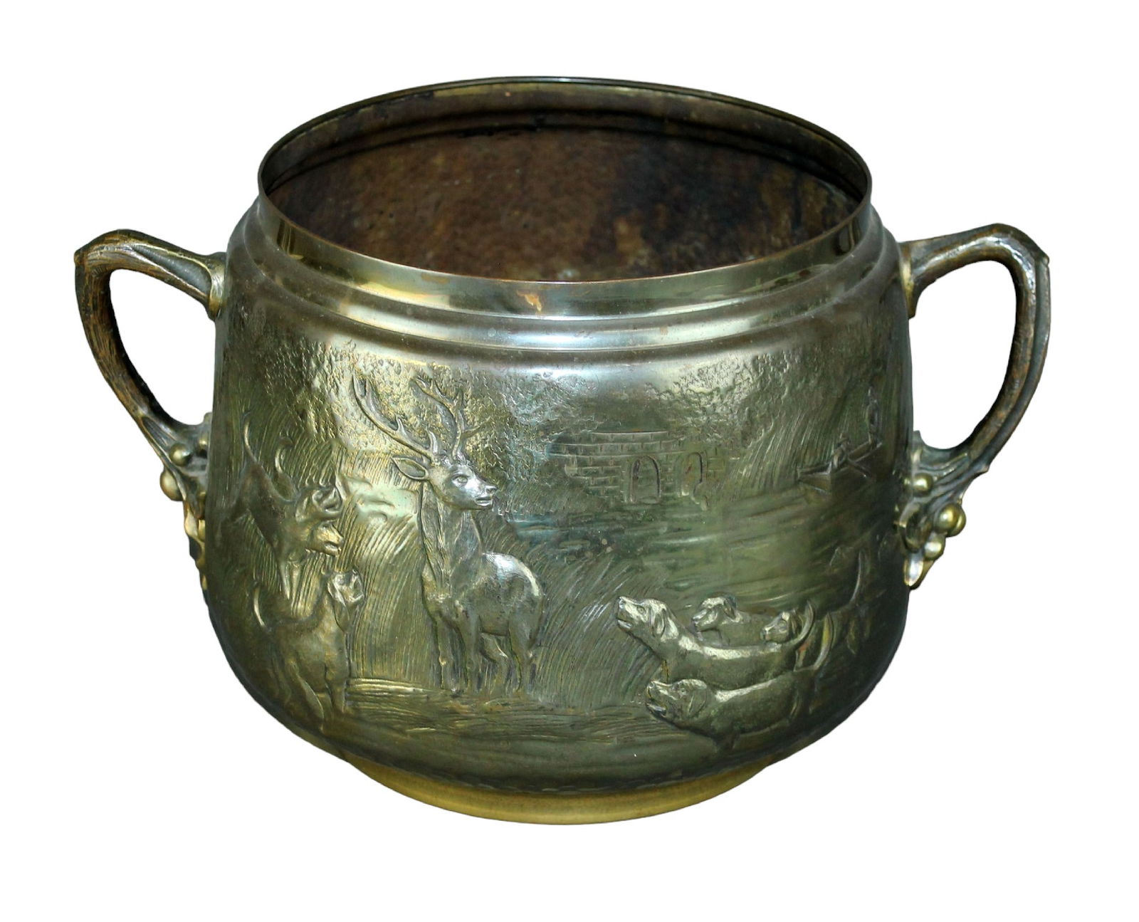 French brass cache pot with deer and hunting dogs in relief (1 of 9)