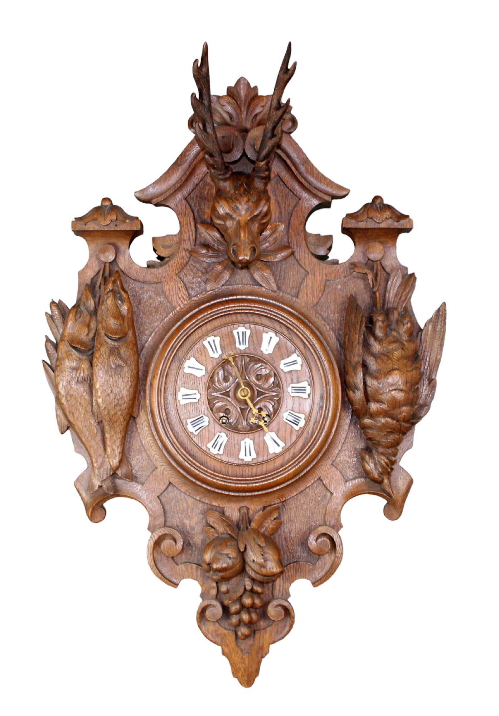 French wall clock in oak with carved game and deer head (1 of 11)