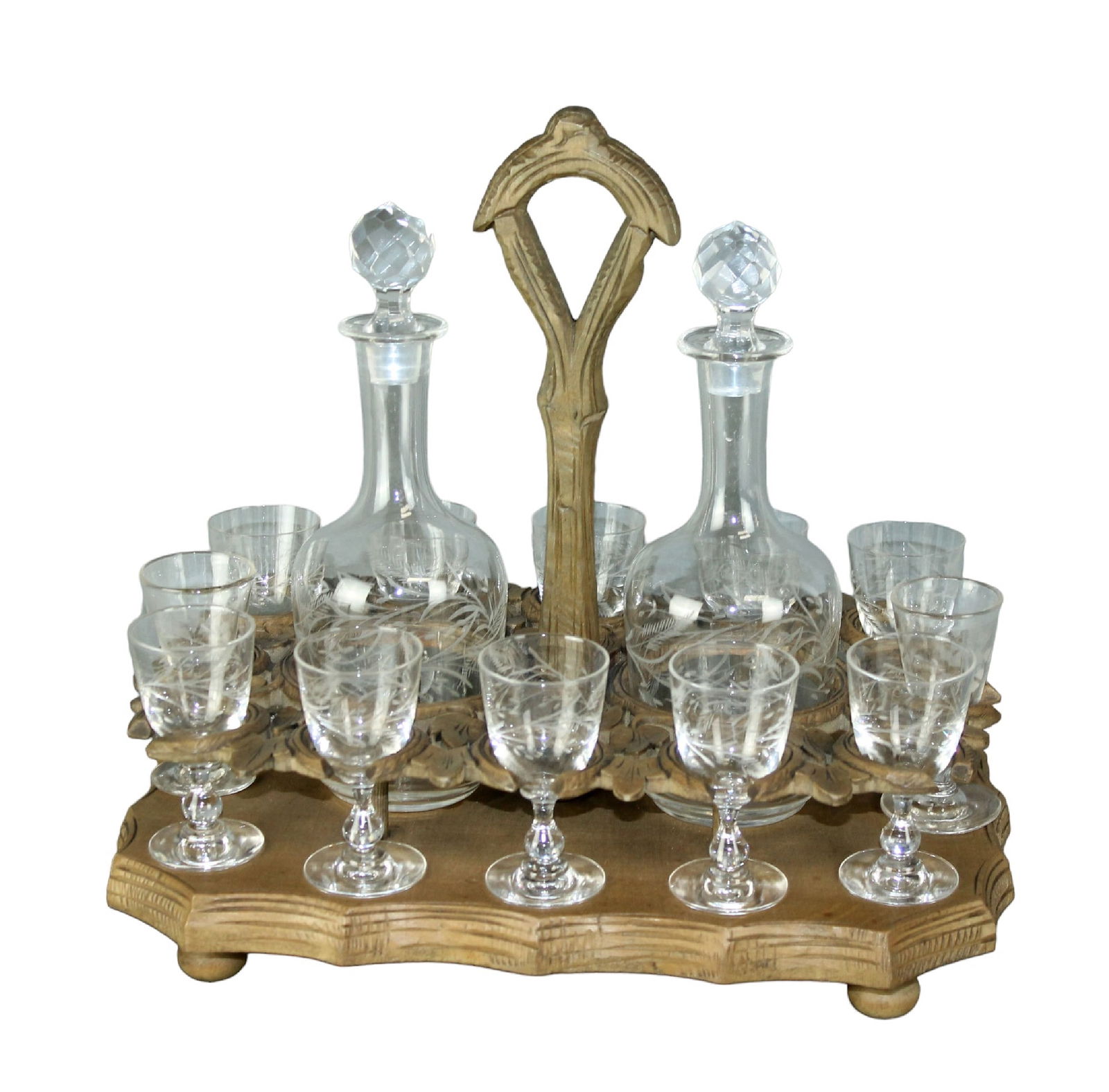 Black Forest naturalistic carved walnut caddy with 2 decanters and 12 cordial glasses (1 of 17)