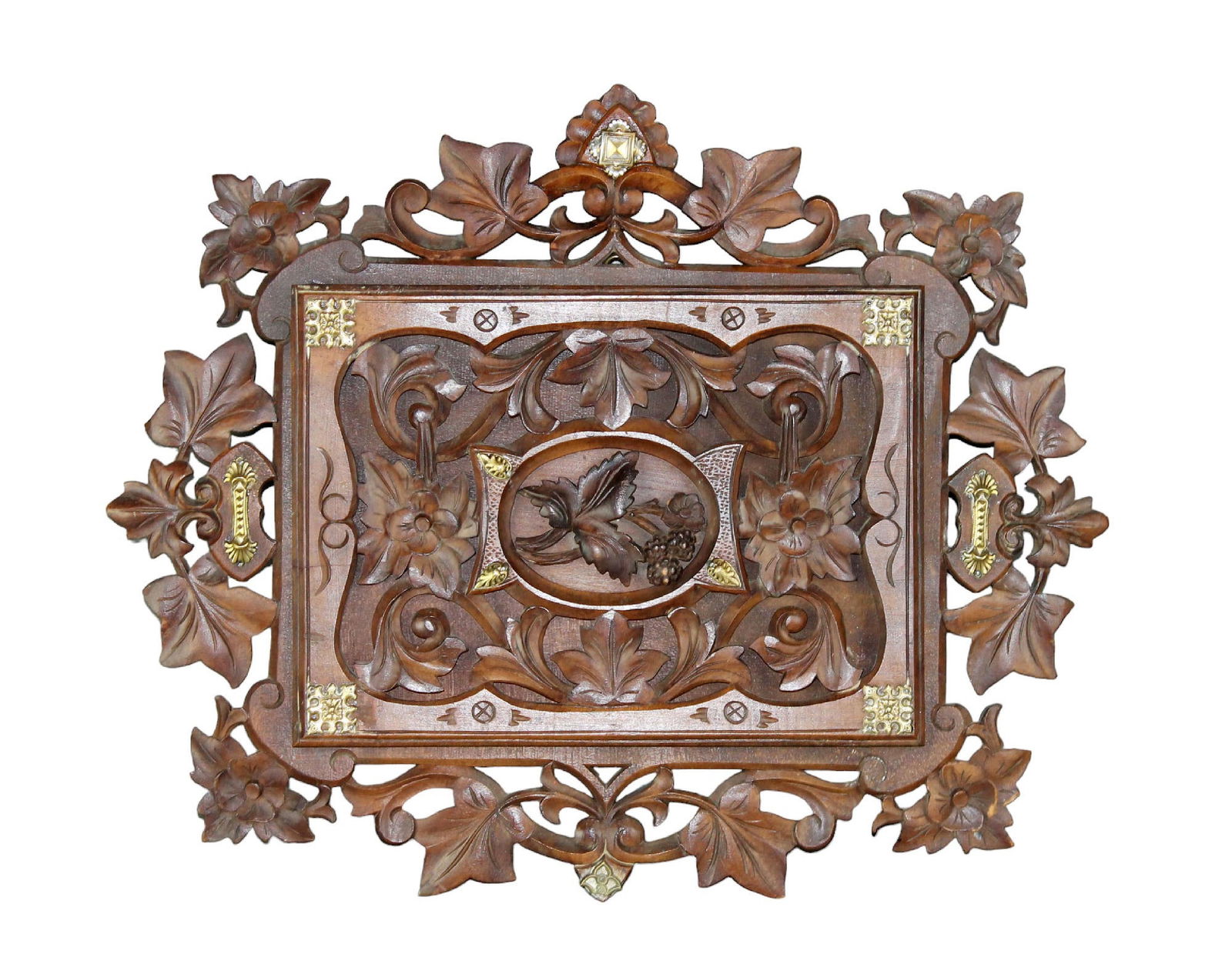 Black Forest wall mount pierce carved walnut letter holder. (1 of 11)