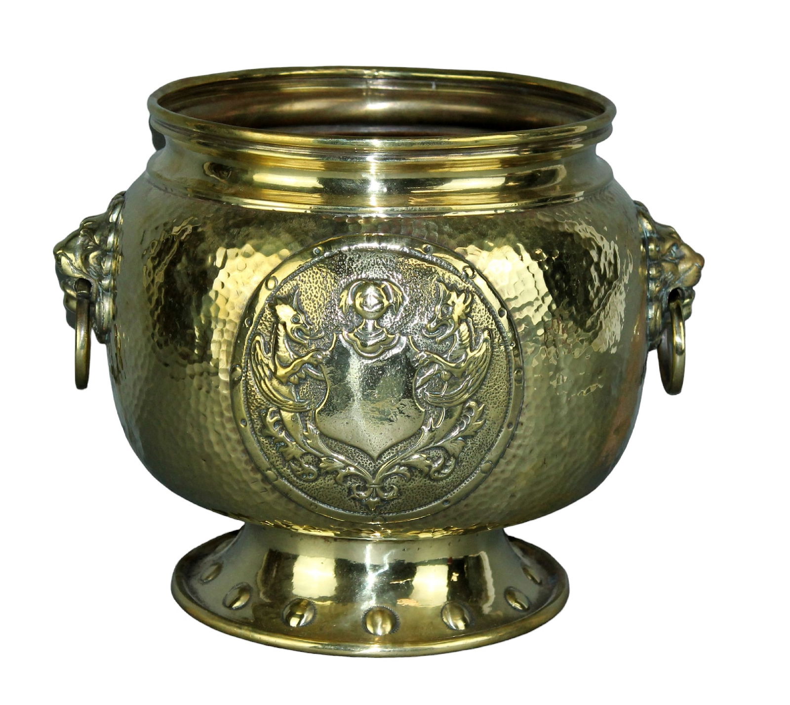 French brass cachepot with lion heads and coat of arms (1 of 8)