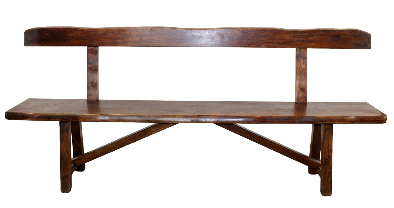 French Brutalist hall bench with back: French Brutalist hall bench with back. In stained oak. Mid 20th century. 33 3/4"h x 78 1/2"l x 14"d Seat 17 1/4"h
