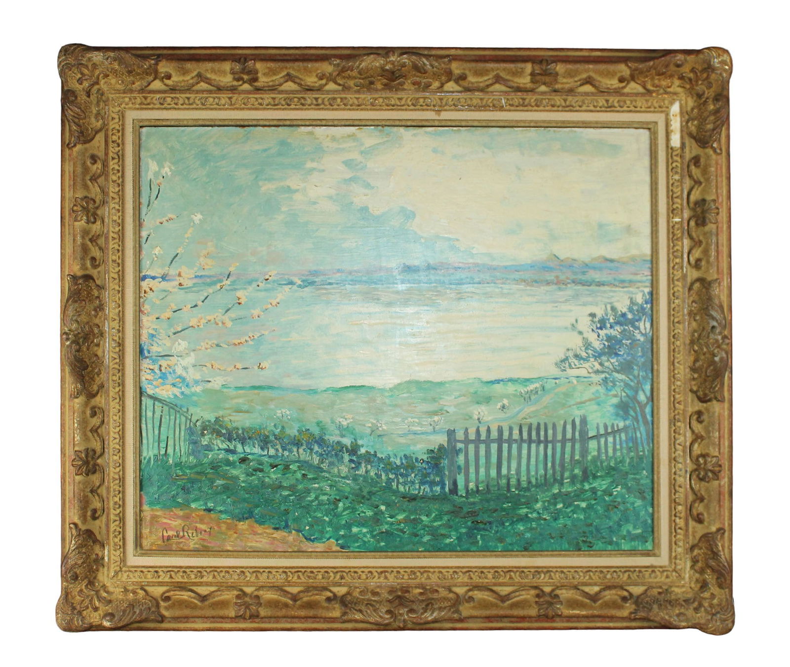 Paul Reboux (1877-1963) oil on canvas painting of landscape with fence (1 of 10)