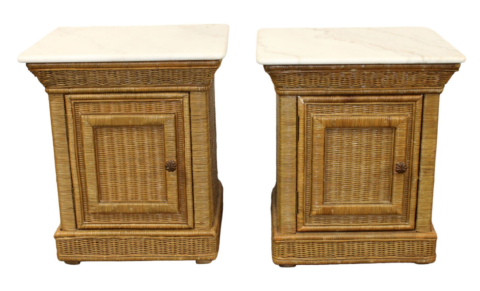 Pair of wicker side table cabinets with marble top (1 of 6)