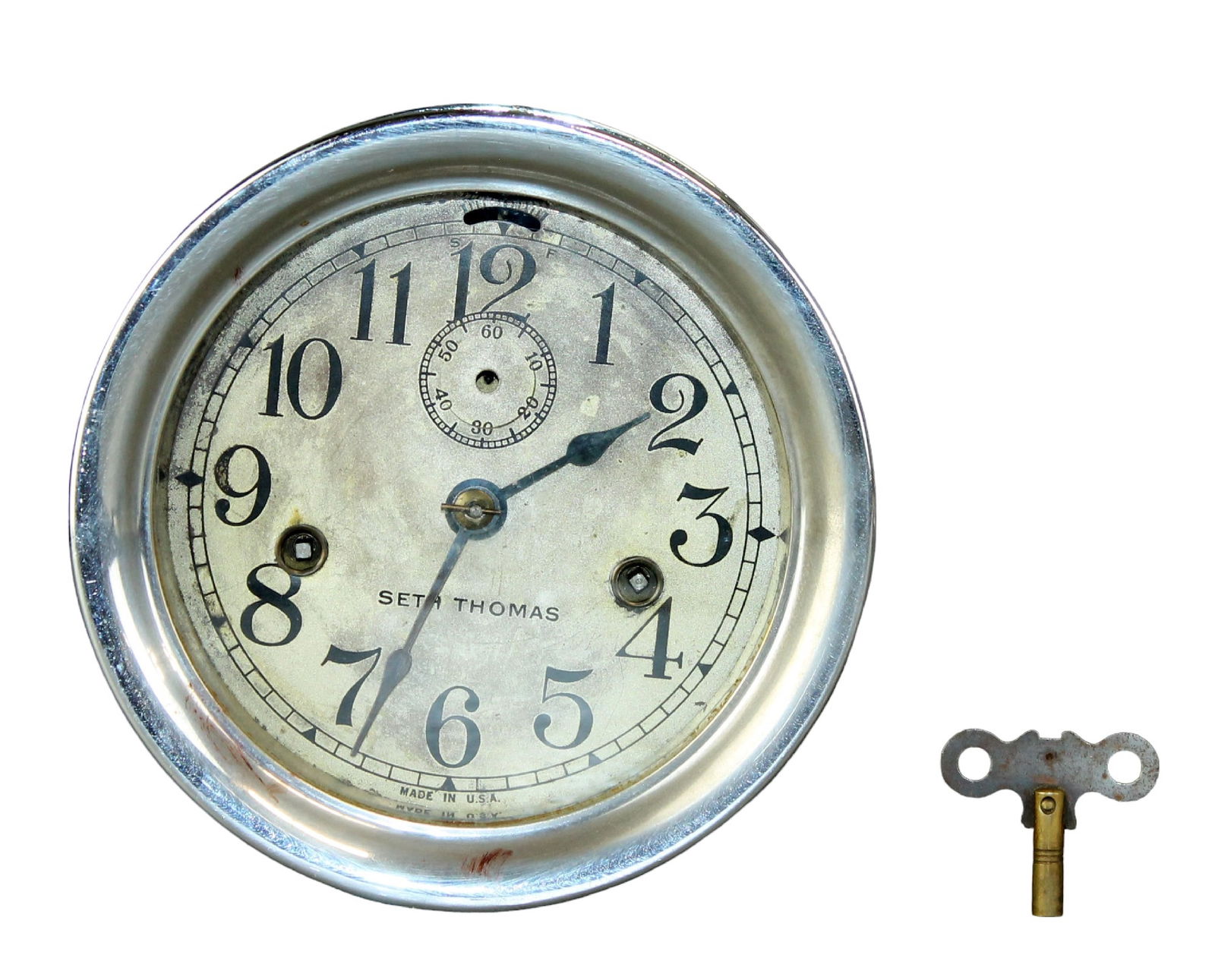 Seth Thomas wall mount ship's galley clock in nickel plated steel with key (1 of 9)