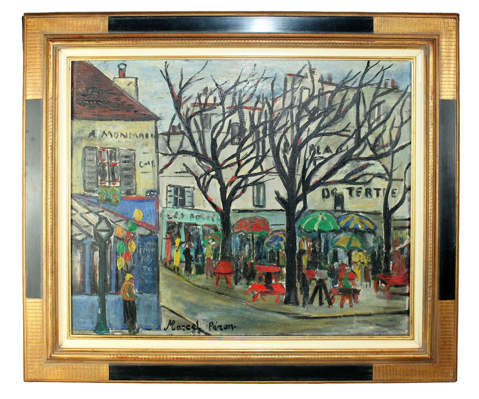 Marcel Peron (french, XX) oil on canvas painting Montmartre cafes: Marcel Peron (French, XX) oil on canvas painting Montmartre cafes. Mid 20th century. Signed Marcel Peron. Overall framed size 28 1/4"h x 32 1/4"w, sight size 20 3/4"h x 24 7/8"w.
