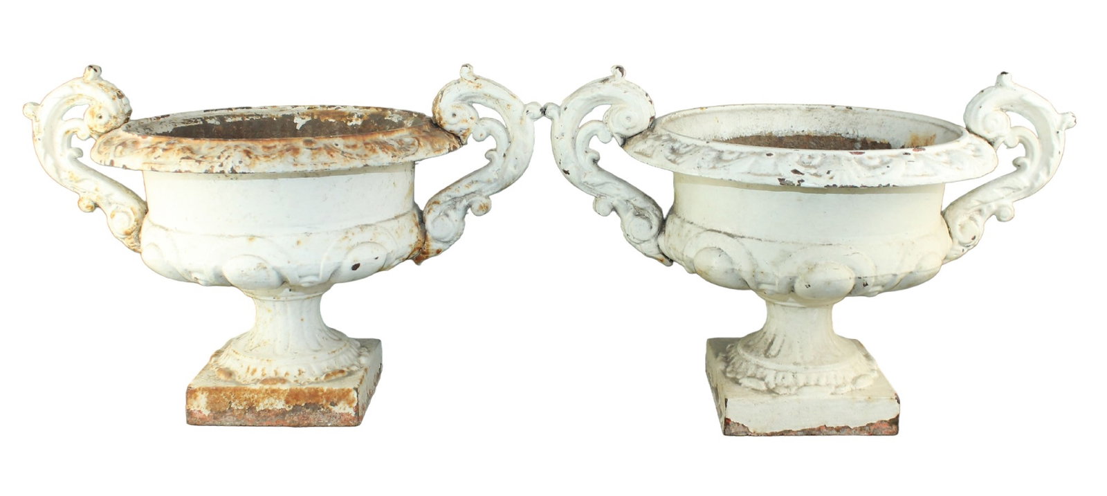 Pair of French painted cast iron Medici garden urns: Pair of French painted cast iron Medici garden urns. Early 20th century. 12 1/4"h x 18"w x 13"d. Total weight: 54 lbs.