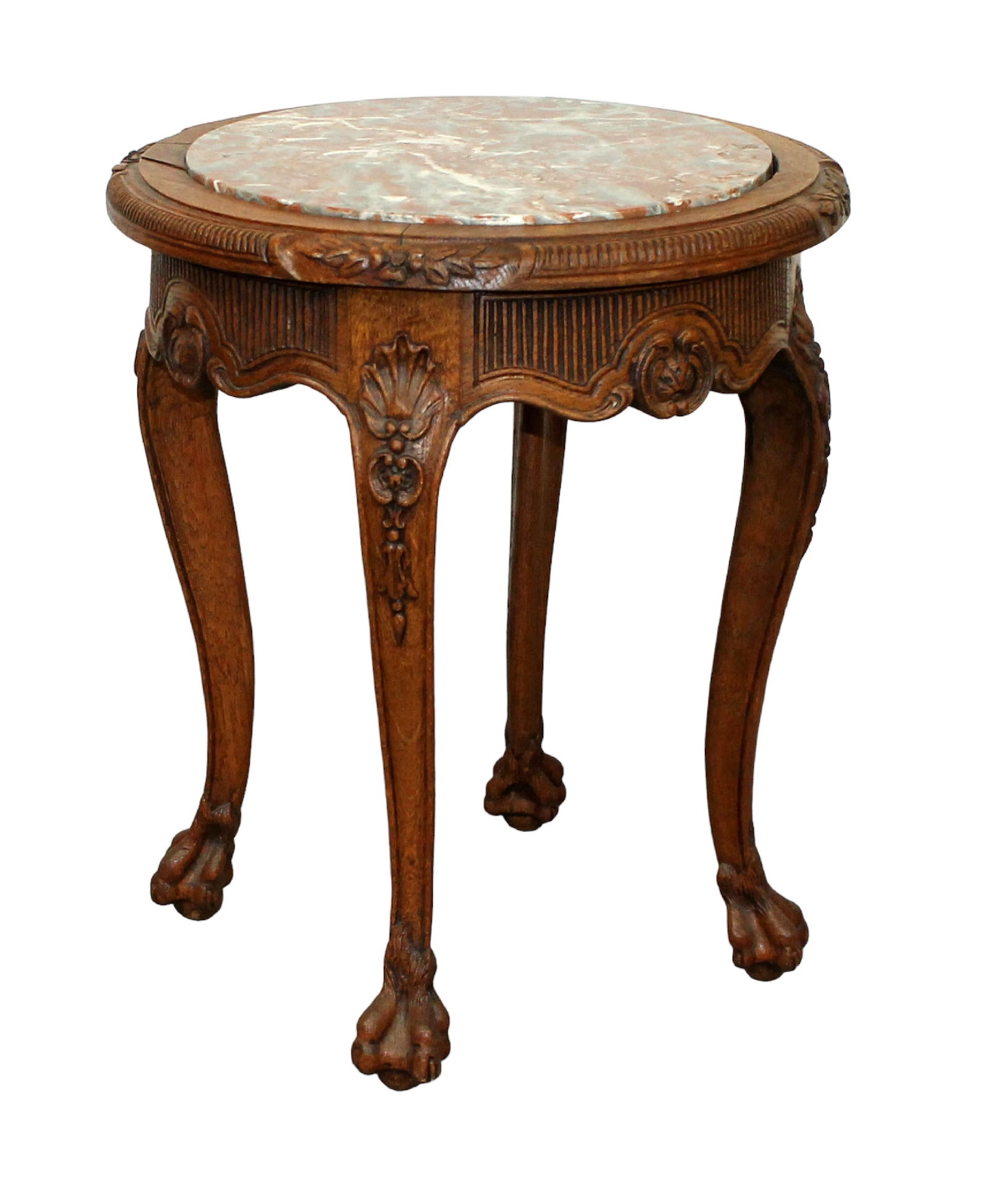 French relief carved oak round side table with marble top (1 of 11)