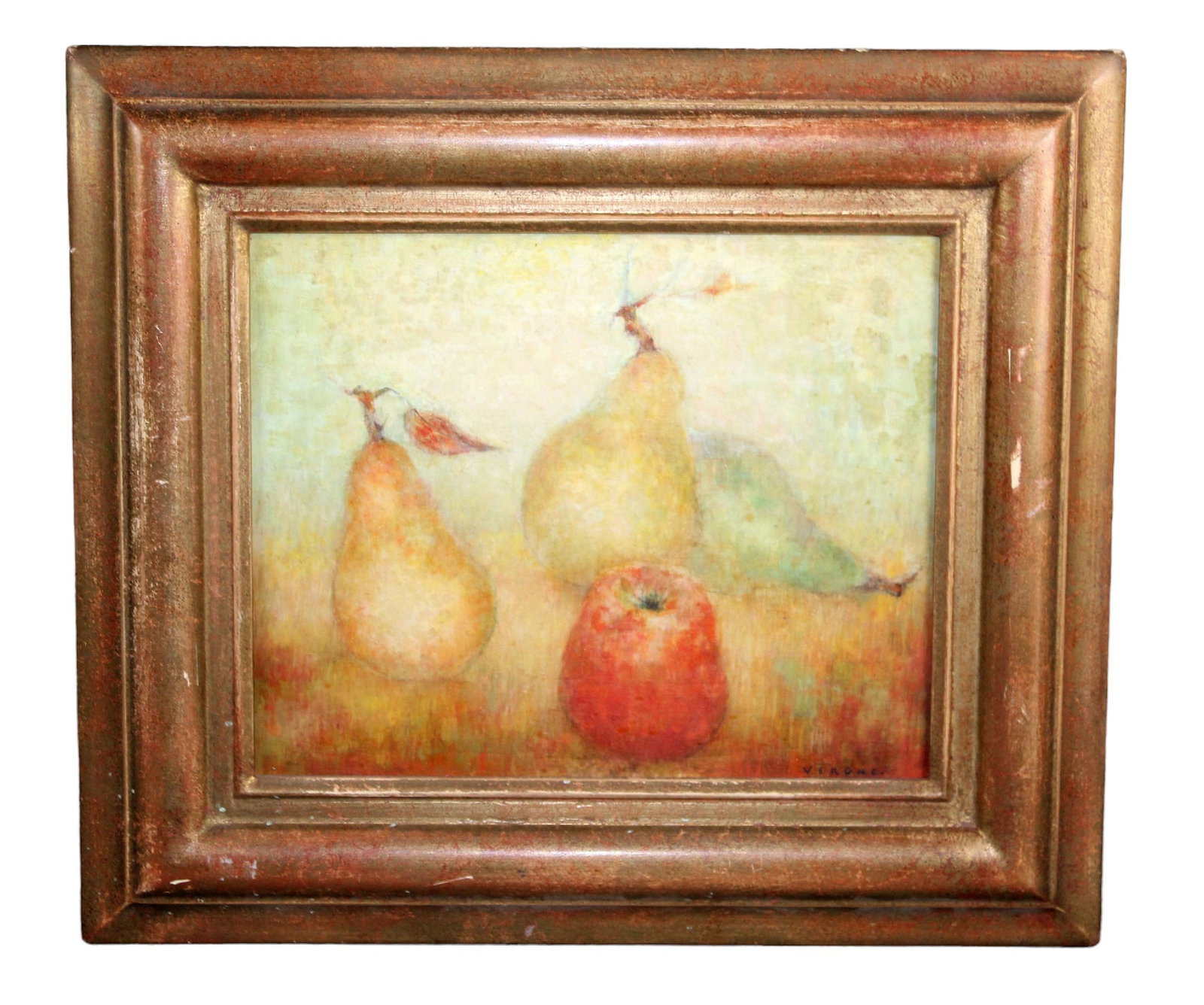 Jean-Louis Vergne oil on canvas painting still life with fruit: Jean-Louis Vergne oil on canvas painting still life with fruit. Overall 14"h x 15 1/2"w, canvas 8 3/4"h x 11"w
