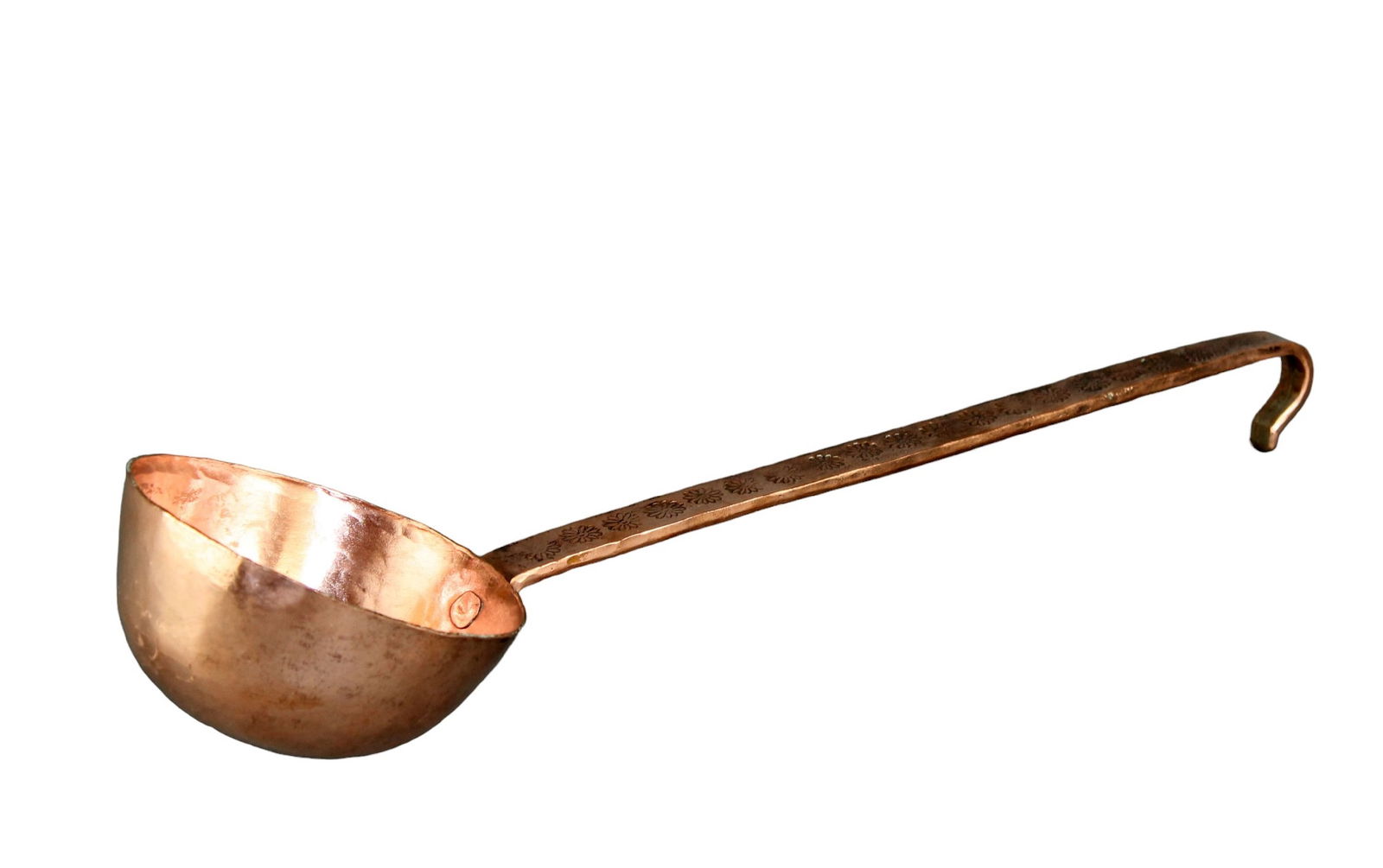 Large French hand hammered copper spoon with embossed flowers (1 of 7)