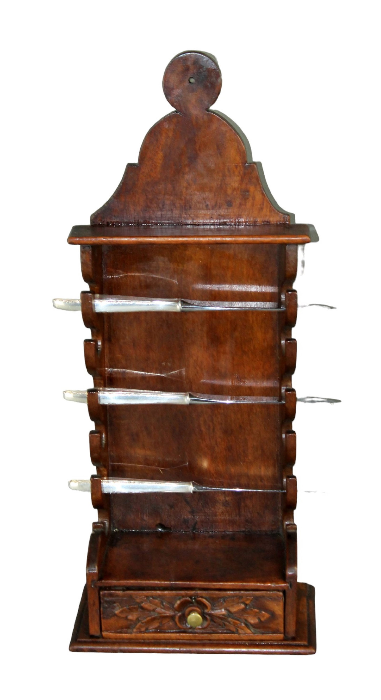 French notched knife holder in walnut with drawer: French notched knife holder in walnut with drawer. Late 19th century. 19"h x 7 3/4"w x 4 3/4"d. Weight: 1 lb.