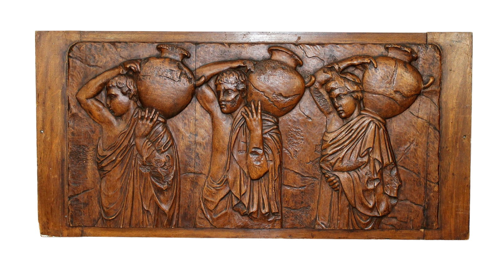 Signed French relief carved wooden panel with classical figures (1 of 6)