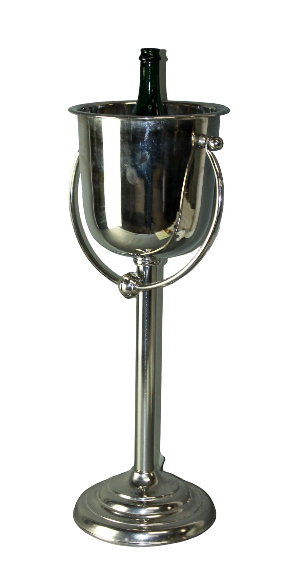 Polished stainless steel wine cooler on stand: Polished stainless steel wine cooler on stand. Modern. 10 1/2"h x 31"w x 11"
