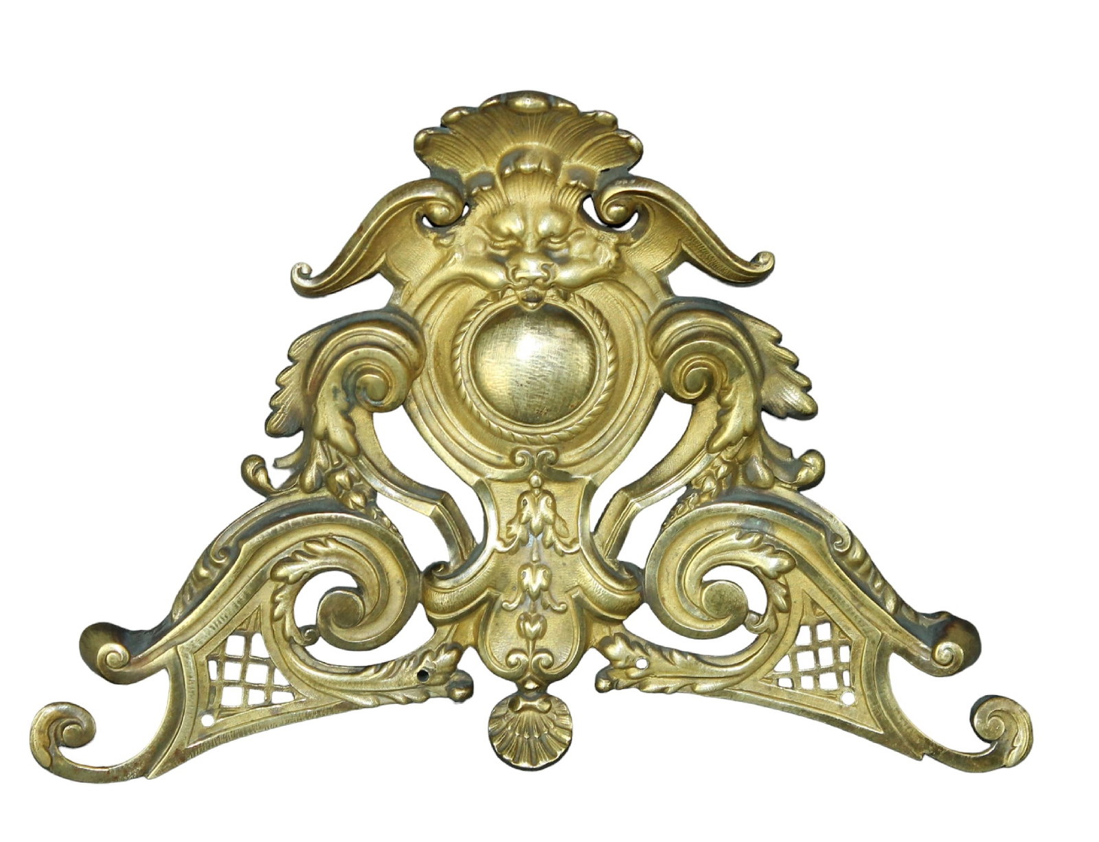 French polished bronze fragment crest with mythological mask: French polished bronze fragment crest with mythological mask. Early 20th century. 7 1/2"h x 11"w. Weight: 2 lbs.