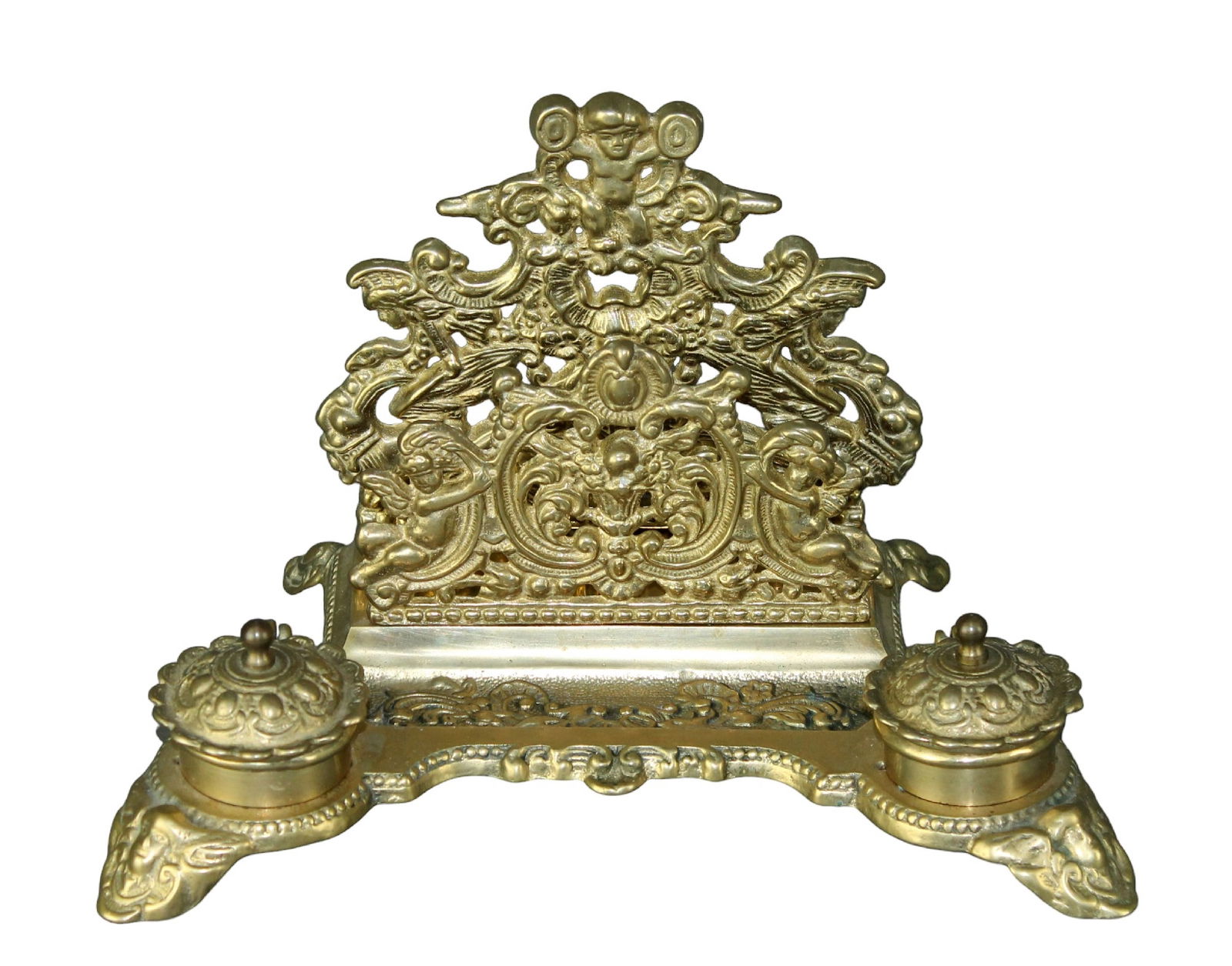 French ornate polished bronze letter holder with inkwell (1 of 8)