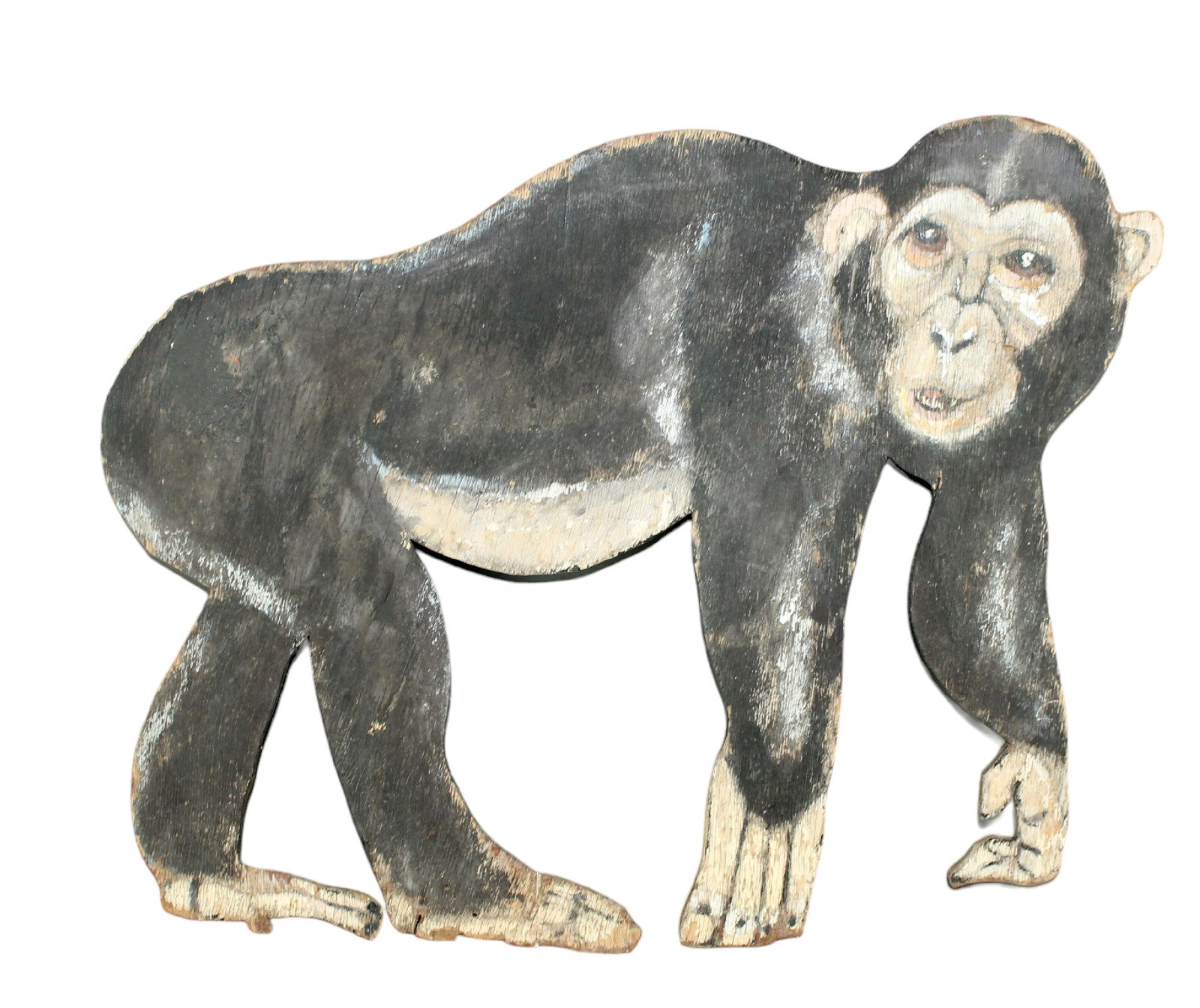 French painted wooden cut out of a monkey: French painted wooden cut out of a monkey from a carnival. Mid 20th century. 13/4"h x 26"w x 5/8"d. Weight: 3lbs.