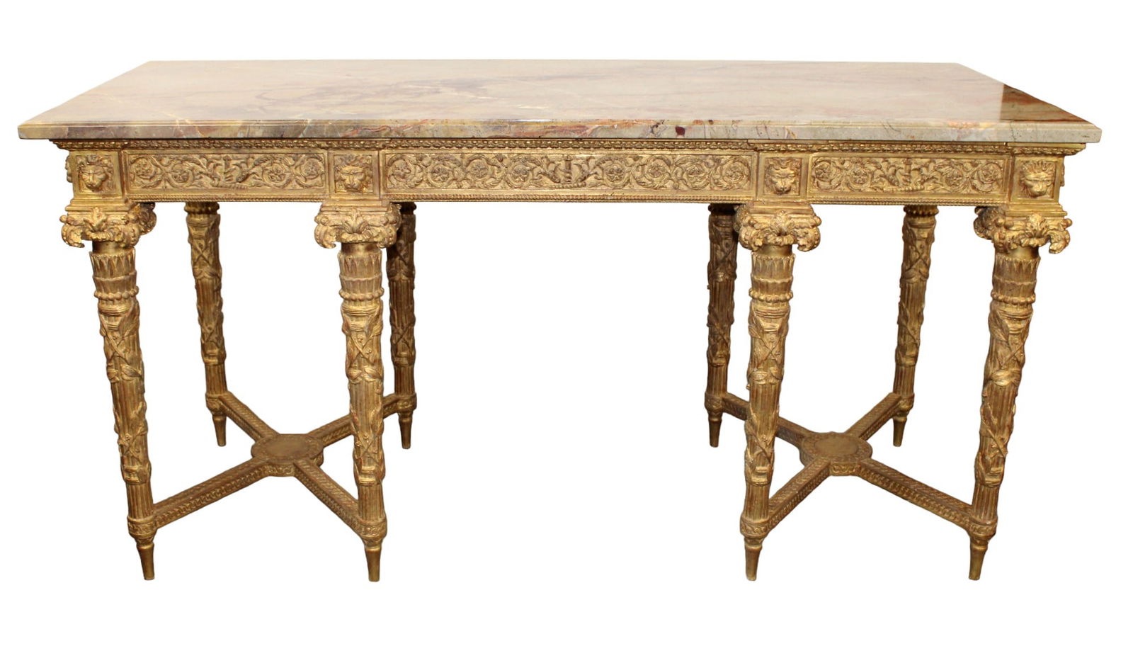 Italian carved giltwood 8 leg console table with marble top (1 of 8)