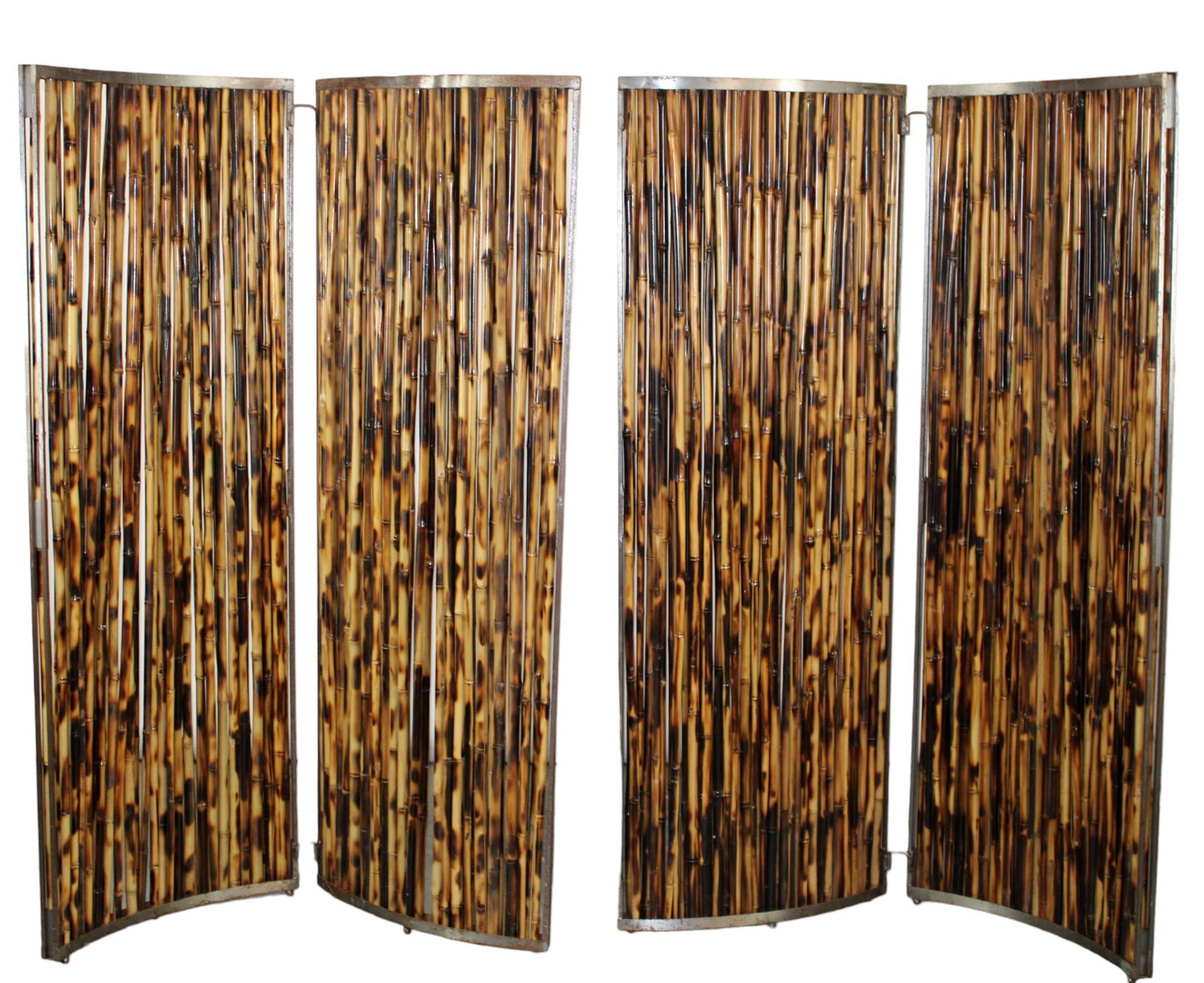 Pair of 2 panel burnt bamboo curved screens: Pair of 2 panel burnt bamboo curved screens. Each panel measures 73"h x 27"w