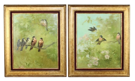 Lot of 2 French oil paintings of birds in trees