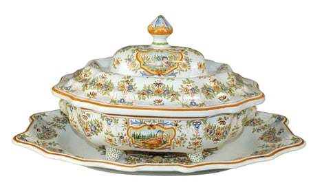 French Lallier Moustiers faience lidded tureen with platter