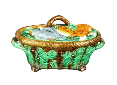 English Majolica oval lidded tureen with raised game on lid