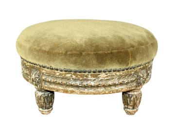 French Louis XVI petite round foot stool with carved polychrome decoration