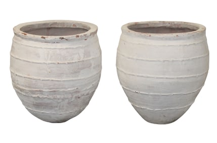 Lot of 2 European terra cotta olive oil urns painted white