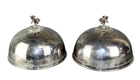 Lot of 2 silver plate dome cloches with roosters