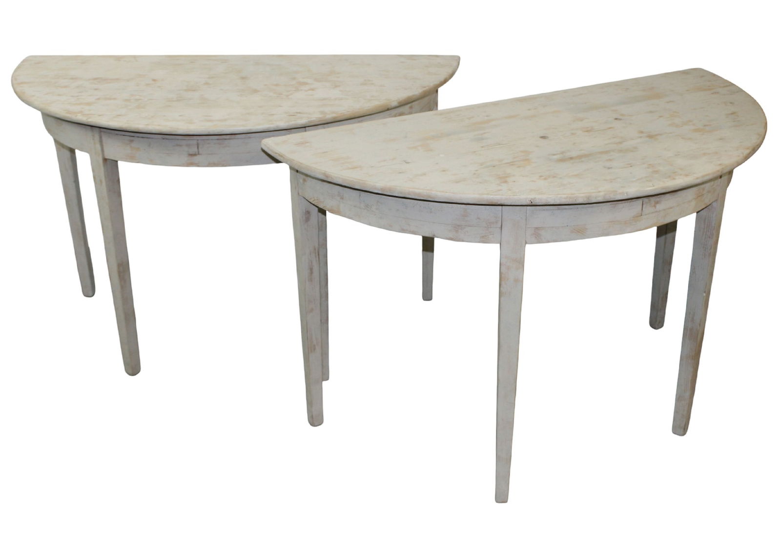 Pair of Swedish 4 leg demi lune console tables: Pair of Swedish 4 leg demi lune console tables in painted pine. 19th century. 29"h x 47"w x 23 1/4"d