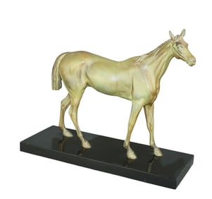 French sculpture of a horse in verdigris iron on marble base