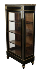 French Louis XVI style ebonized vitrine with bronze trim and marble top