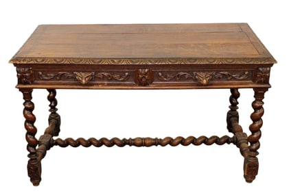French bureau plat desk in oak with barley twist base