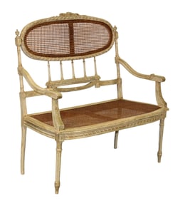 French Louis XVI style painted bench with cane seat and back