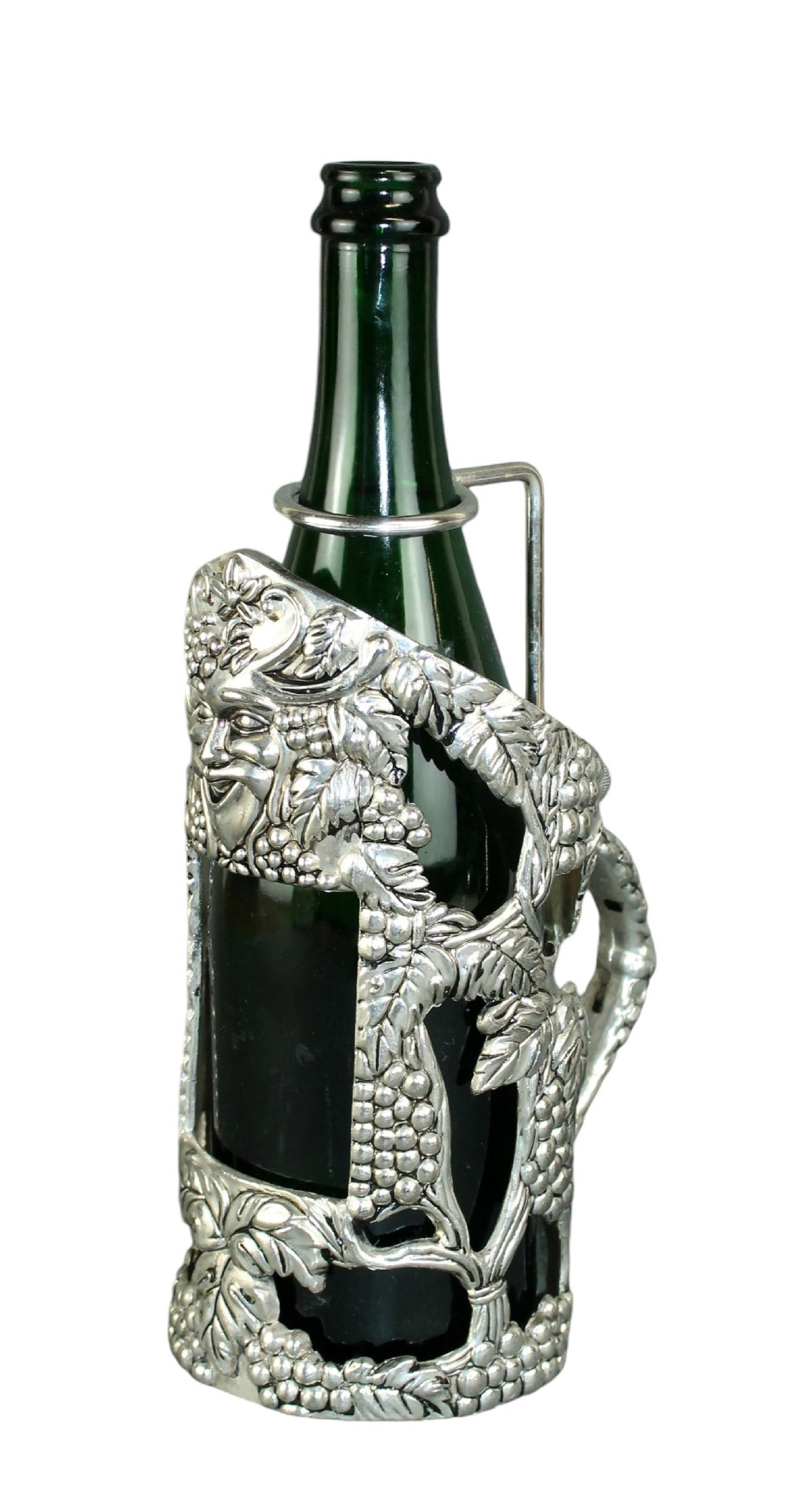 Silverplate wine bottle caddy with Bacchus mask: Silverplate wine bottle caddy with Bacchus mask. Late 20th century. 8 1/2"h x 7"w overall. Weight: 2lbs