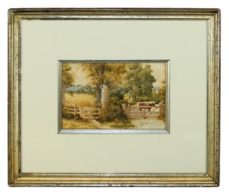 Watercolor painting on paper pastoral landscape with cows