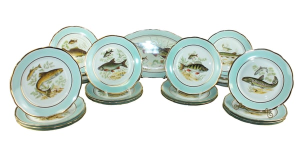 French porcelain fish service: 24 plates and 1 platter
