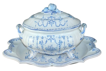 French Lallier Moustiers faience lidded tureen with platter